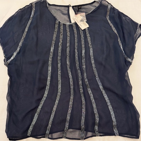Celine Kay Navy Sheer Short Sleeve Embellished Blouse Women’s‎ L NWT - Picture 6 of 6
